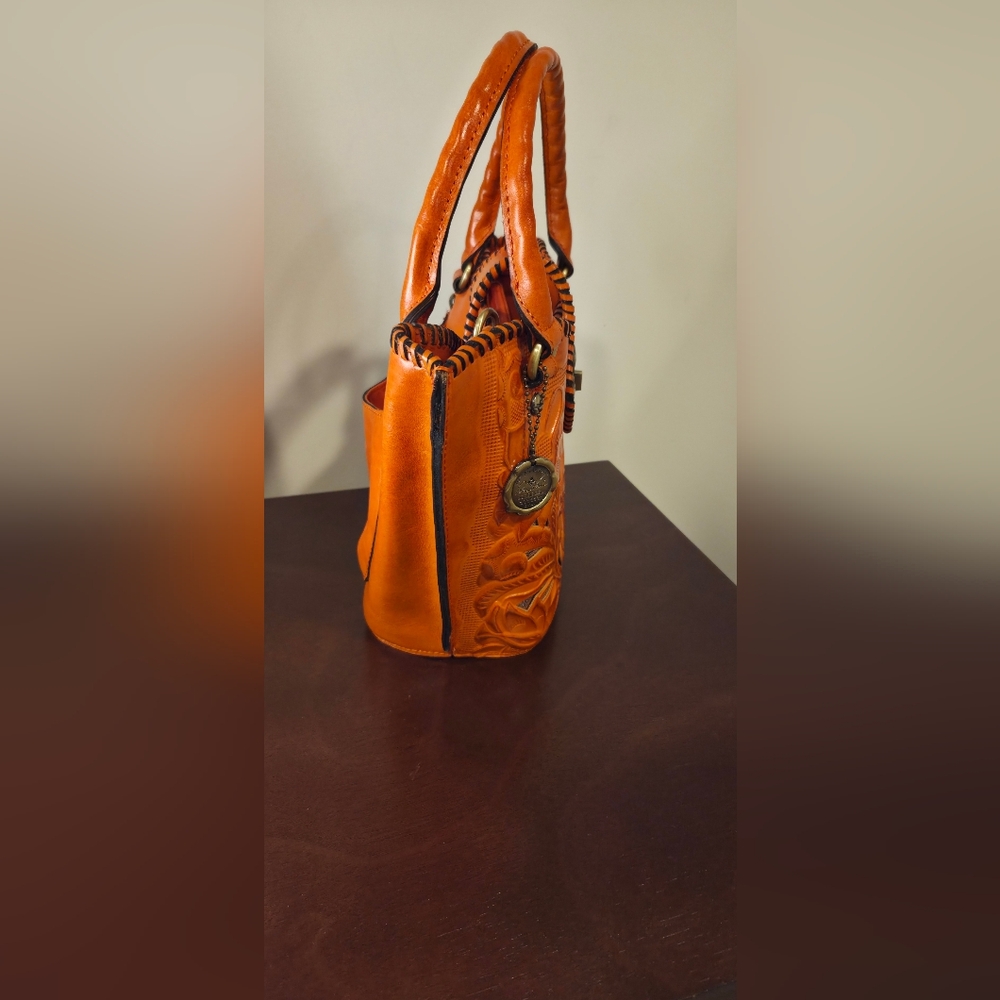 Patricia Nash Leather Cut Out Tooled Ninetta Tote Bucket Hobo Bag Orange - Picture 6 of 12